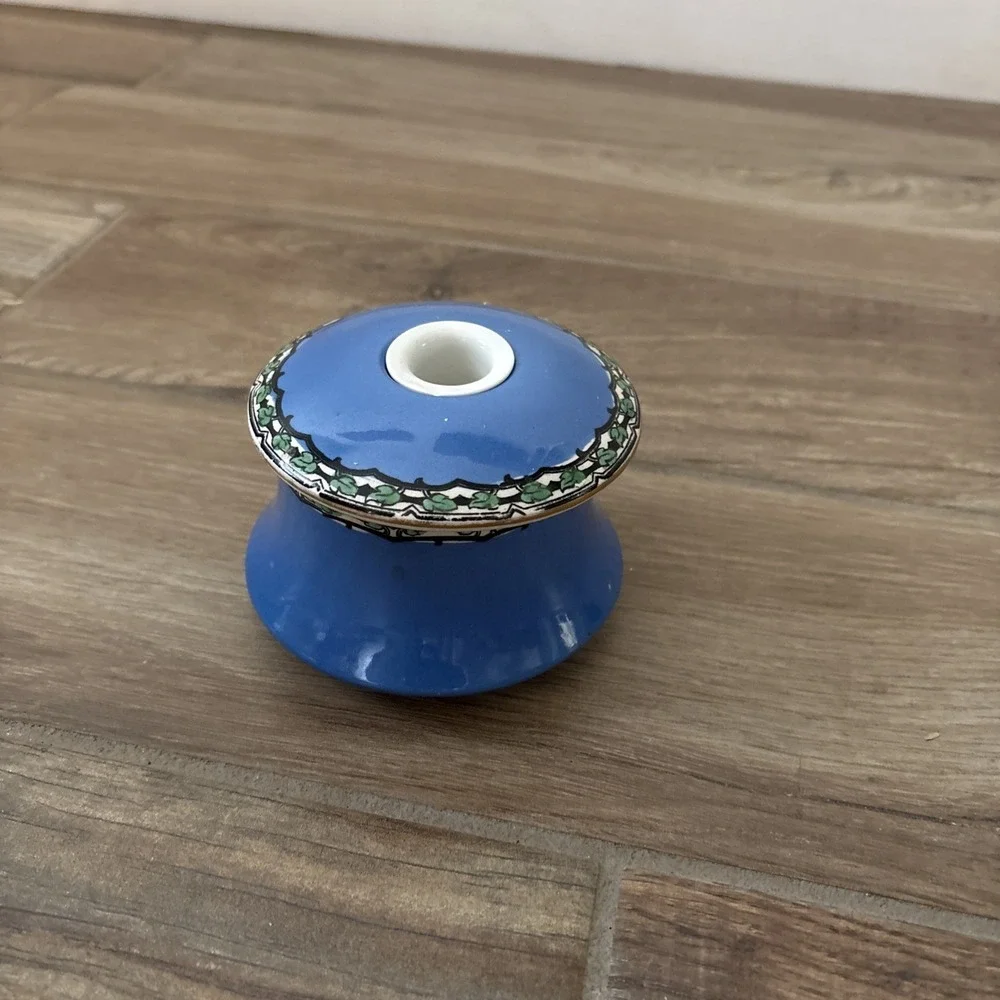 Vintage Art Deco Hand Painted Blue‎ Ceramic Floral Art Flowers and Stars 4